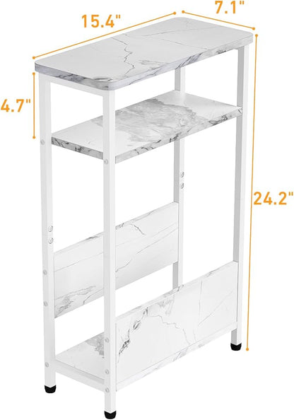 THUMEYE 7.1" Narrow Side Table for Small Spaces, 3 Tier Small End Table with Magazine Holder, Slim/Skinny Nightstand/Bedside Table, 15.4" L x 24.2" H, Faux White Marble with White Legs