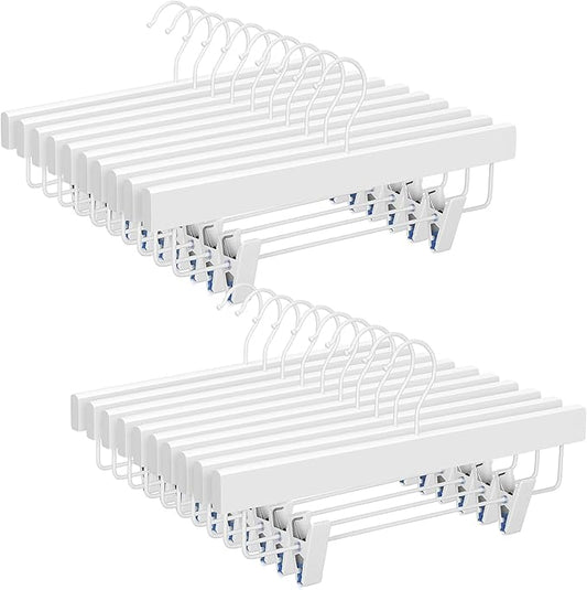 TOPIA HANGER Lotus Wood Pants Hangers, Skirt Short Bridal Trousers Slacks Hangers with 2 Premium Adjustable White Metal Clips with Rubber Stopper Padded 360° Swivel White Hook 20 Pack, CT55W20