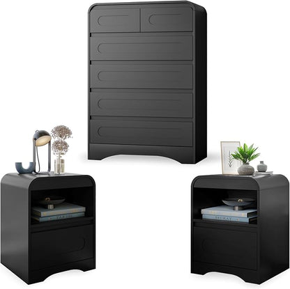 3 Piece Bedroom Set, Dresser and Nightstand Sets for Bedroom, Wood 6 Drawer Dresser & Night Stand Set of 2, Tall Chest of Drawers Modern Storage Cabinet Bedroom Furniture Set, Black