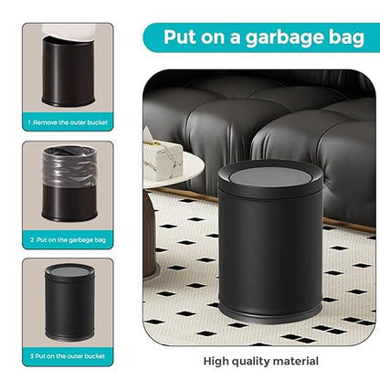 2.3/9L Gallon Metal Trash Can with Lid,Black,Light Luxury,Elegant Garbage Can,Bathroom Waste Basket,for Living Room,Home,Bedroom,Office,Bank,Under Desk(9L-Black)