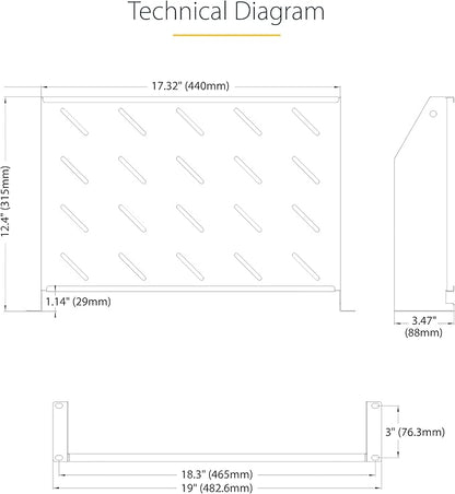 StarTech.com 2U Rack Shelf, 12" Mounting Depth, Vented Cantilever Tray for 19" AV/Network Equipment, 25lb Capacity, for Small Office/Home Office