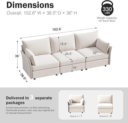 ABCASA 102.6" Modular Sectional Sofa, Oversized 3-Seater White Couch with Removable Chenille Fabric Cover, Deep Seat & High Backrest for Living Room, Office & Apartment