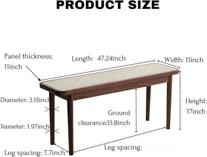 47.2'' Natural Rattan Dining Bench with 100% Solid Oak Wood Bench Frame, Bed End Shoe Ottoman for Kitchen Bedroom Entryway, Walnut