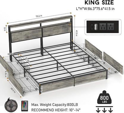 King Size Bed Frame with 4 Storage Drawers and Headboard with Charging Station and LED Lights,2 Tier Solid Wood Headboard Storage/Noise Free/No Box Spring Needed/Remote Control/Rustic Grey