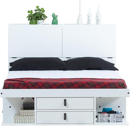 memomad Bali Set: Storage Platform Bed with Drawers + Bookcase Headboard (Full Size, White Wood)
