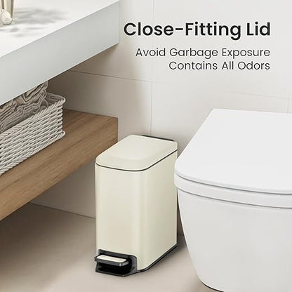 Cesun Small Bathroom Trash Can with Lid Soft Close, Step Pedal, 6 Liter / 1.6 Gallon Stainless Steel Garbage Can with Removable Inner Bucket, Anti-Fingerprint Finish (Creamy White)