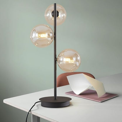 Modern Globe Table Lamp, Mid Century 3 Lights Black Bedside Lamp, Brown Glass Globe Reading Lamp for Bedroom Living Room Study Room