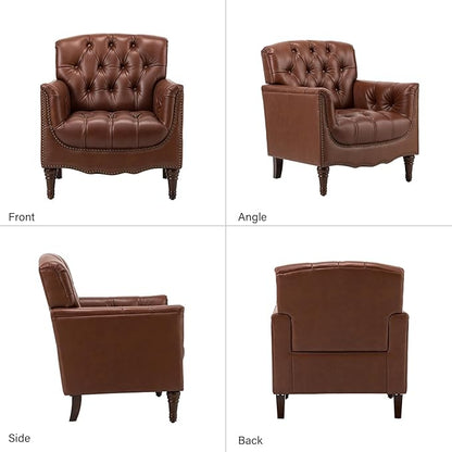 HULALA HOME Mid Century Modern Leather Club Chairs Set of 2, Top-Grain Genuine Leather Armchairs with Button-Tufted Back & Solid Wood Legs, Accent Chairs for Living Room/Bedroom/Home Office, Brown