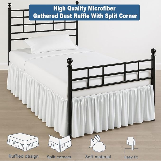 Ruffled Bed Skirt Split Corners with Platform, Tailored Fit Hotel Quality Wrinkle Free Ultra-Soft Microfiber Dust Ruffle, Upto 12 Inch Drop, Full XL, White