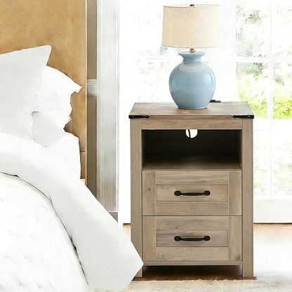 Puntogen Sierra Night Stand Set of 2, Rustic End Table with Charging Station, Farmhouse Tall Nightstand for Bedroom, Drawer Dresser Bedside Table with Open Storage Shelf