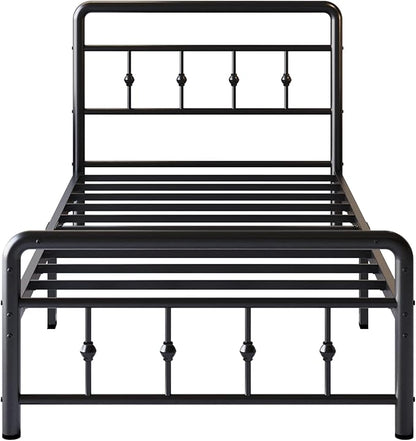 12 Inch Twin XL Bed Frames with Victorian Vintage Headboard and Footboard, No Box Spring Needed, Heavy Duty Metal Mattress Foundation, Noise Free, Easy Assembly, Black