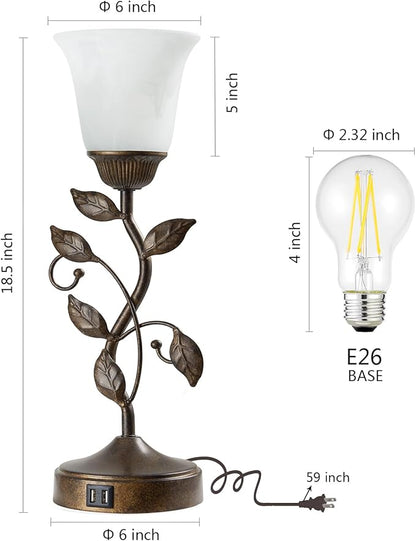 RORIANO Touch Bedside Table Lamp, Vintage Nightstand Lamp with 2 USB Ports for Living Room, 3 Way Dimmable Leaf Lamp Retro Table Lamp for Bedroom with White Glass Shade, LED Bulb Included