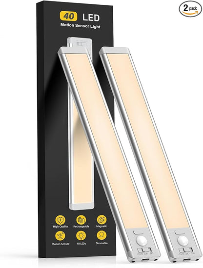 10inch Under Cabinet Lighting, 2 Pack Rechargeable Motion Sensor Light Indoor, 5 Levels Dimmable Magnetic Closet Lights, Wireless Under Counter Lights for Kitchen, Stairs