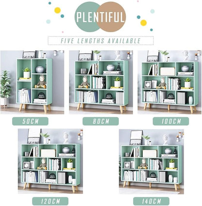 IOTXY Wooden Open Shelf Bookcase - 3-Tier Floorstanding Display Cabinet Rack with Legs, 5 Cubes Free Standing Bookshelf, Tiffany-Green