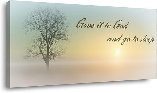 Misty Sunset & Tree Plant Picture For Bedroom Above Bed,Large White Country Wood Sign For Bathroom Canvas Wall Art,Give It To God And Go To Sleep Artwork Decor,Gallery Wrapped Gift,Inner Frame(24x48)