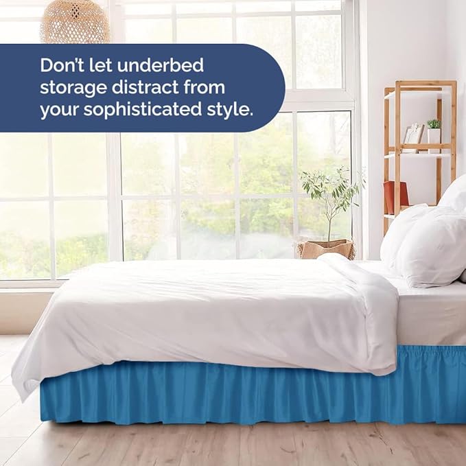 Wrap Around Dust Ruffle Bed Skirt - Denim Blue - for King Size Beds with 24 Inch Drop - Elastic Strap - Adjustable Pleated Bedskirt with Brushed Fabric and Wrinkle Free - for Women, Men, Kids & Teens