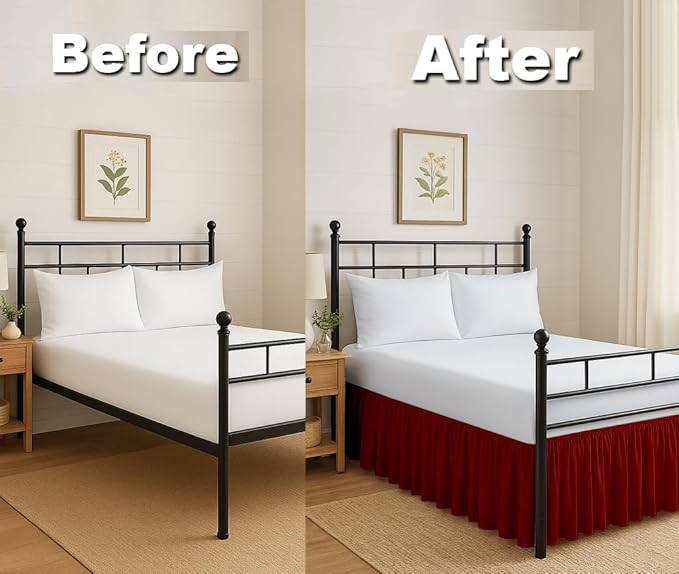 Ruffled Bed Skirt Split Corners with Platform, Tailored Fit Hotel Quality Wrinkle Free Ultra-Soft Microfiber Dust Ruffle, Upto 28 Inch Drop, Twin, Burgundy