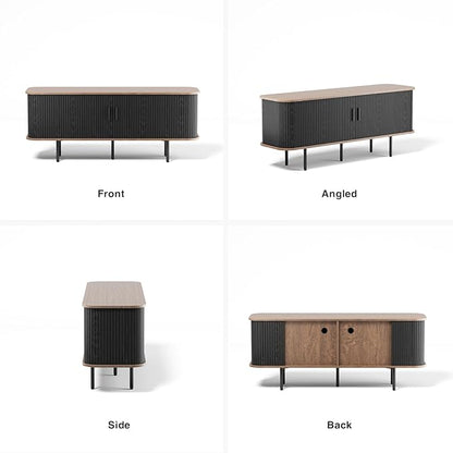 55''W Black Cabinet with Storage, Media Console, Tambour TV Stand, Television Stands with Curvy Edge; Sliding Door, Fluted Cabinet, Buffet Sideboard, Credenza, Table Stand for Living Room, Kitchen