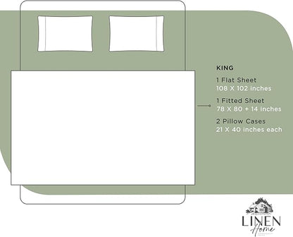 Linen Home 100% Cotton Percale Sheets King Size, Oil Green, Deep Pocket, 4 Pieces Set - 1 Flat, 1 Deep Pocket Fitted Sheet and 2 Pillowcases, Crisp Cool and Strong Bed Linen