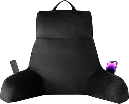 IPYNBAP Reading Pillow with Arms for Adult, Back Pillow for Bed Sitting Up, Shredded Memory Foam Backrest Pillow with Pockets & Removable Washable Cover, Lounging, Watching TV, Reading(24inch Black)