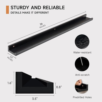 Fun Memories Picture Ledge Shelf for Wall, Floating Shelves Set of 4, 36 Inch Long Nursery Book Shelves for Toys Storage, Kids Bookshelf Wall Mounted for Books Photo Frames, Black