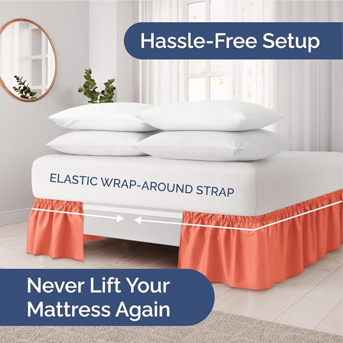 Wrap Around Dust Ruffle Bed Skirt - Coral - Twin/Twin XL Size Beds with 21 Inch Drop - Easy Fit Elastic Strap - Adjustable Pleated Bedskirt w/Brushed Fabric - Wrinkle Free - Women, Men, Kids & Teens