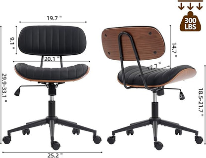 Home Office Chair with Wheels, Adjustable Height Desk Chair Leather Swivel Computer Chair, Armless Modern Walnut Chair for Office, Meeting Room, Black