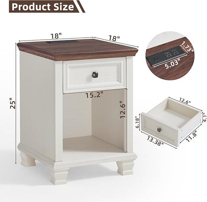 SAVOR LIFE Farmhouse End Tables Living Room with Drawer, Rustic Wood Nightstand with Charging Station, Bedside Table with Open Shelf for Bed Room, Living Room, White