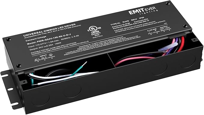EMITEVER Dimmable Led Driver, 2 Packs 150W AC 110V-277V to DC 24V Transformer, 5-in-1 Dimming: ELV/MLV/TRIAC / 0-10V / 1-10V / 10V PWM/Potentiometer, Waterproof IP67 and UL Listed