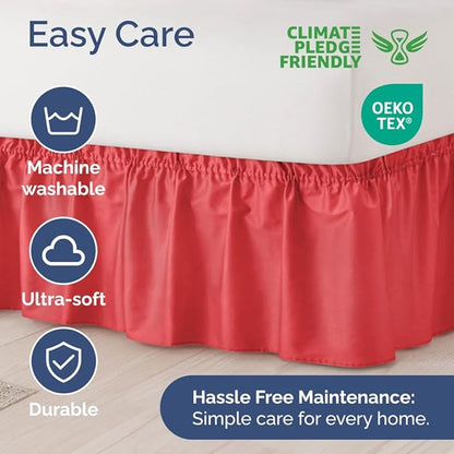 Wrap Around Dust Ruffle Bed Skirt - Red - for Full Size Beds with 15 Inch Drop - Easy Fit Elastic Strap - Adjustable Pleated Bedskirt w/Brushed Fabric - Wrinkle Free - for Women, Men, Kids & Teens