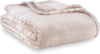 Berkshire Blanket-Classic Heavyweight Warm Soft Printed VelvetLoft® Plush Blanket, King Size Soft Fuzzy Blanket for Couch Sofa Bed, Stripe Cream, 90in x 108in