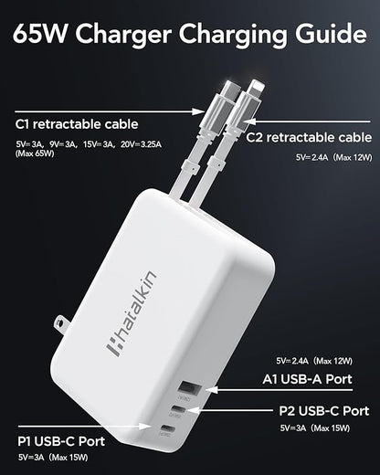 65W for MacBook Pro Charger,5-in-1 Retractable Wall Charger Plug for iPhone 17, 3.94 ft PD USB C&Lightening Cable&3 Ports, Fast Charging Block for Mac Book Pro/Air, M1 M2 M3 M4, iPad Pro,Galaxy,Pixel