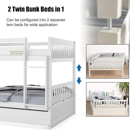 KOMFOTT Wood Full Over Full Bunk Bed with Trundle, Full Bed Frame with Ladder, Solid Wood Frame & Safety Guardrails, Space-Saving Bunk Bed for Teens & Adults, No Box Spring Needed
