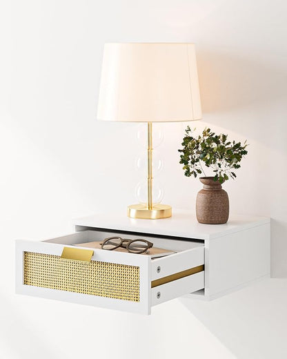Floating Nightstand, Floating Shelf with Drawer, Wall Mounted Nightstand, Floating Bedside Table (White Rattan)