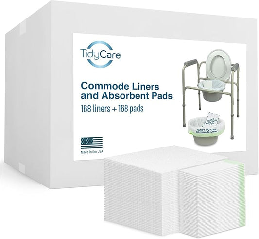 Disposable Bedside Commode Liners and Pads for Portable Toilet Chair Seat Bucket and Bedpan | Combo Pack of 168 Waste Bags and 168 Absorbent Pads | Universal Fit