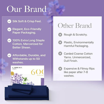 Carressa Linen 100% Egyptian Cotton Queen Sheet Set - 600 Thread Count Egyptian Cotton Queen Sheets Set (4 PC, Indigo), Ultra Soft, Cooling, 16" Deep Pocket Sateen Weave Luxury Hotel Bed Sheet