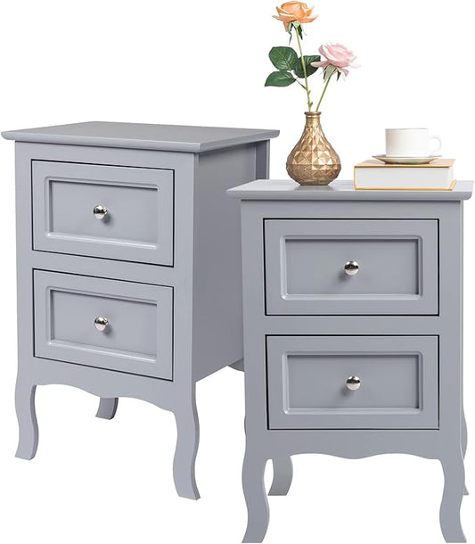 Bonnlo Gray Nightstand Set of 2, Nightstands with 2 Drawers, Bed Side Table/Night Stand, Small Nightstand for Bedroom, Small Spaces, College Dorm, Kids’ Room, Living Room, Wood, 16W x 12D x 24H, Grey