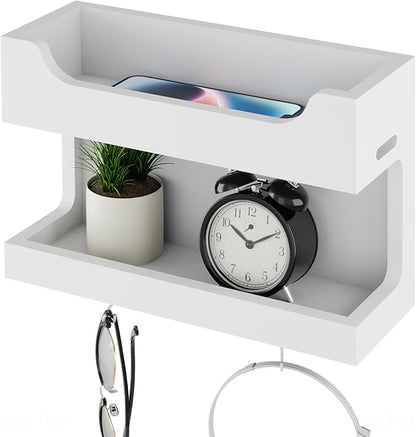 NiHome Wall Mounted Wooden Bedside Accessories Organizer, Double Tray Bedside Storage Shelf Rack with Magnetic Hooks, Bedroom Dorm RV Wall Caddy Holder for Phone Glasses Alarm Clock Remote (White)