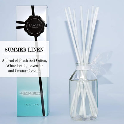 LOVSPA Reed Diffuser Set, Summer Linen Scented Oil Diffuser with Sticks, Home Fragrance Accessories for Bathroom Shelf Decor, Aroma Diffusers for Home or Office Desk, USA Made