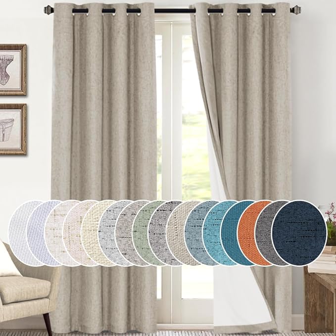 PrinceDeco 100% Blackout Curtains 108 Inches Long 2 Panels Set Black Out Linen Curtains for Bedroom Living Room Thermal Insulated with White Liner Extra Long Curtains for Windows(52x108 inch,Stone)