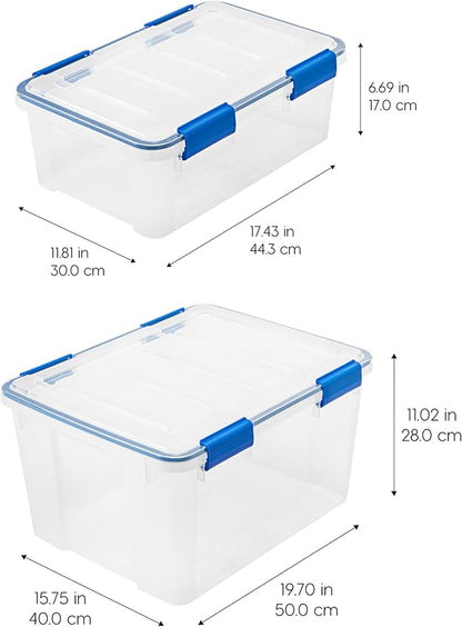 IRIS USA WeatherPro 27 & 44 Qt Storage Bins with Lids, 4 Pack, BPA-Free Plastic Gasket Box with Tight Latch and Seal, Stackable Nestable Tote Tub - Clear/Blue