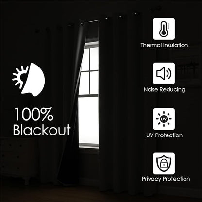 ChrisDowa 100% Blackout Curtains 102 inch Long for Bedroom with Black Liner, 2 Thick Layers Total Blackout Thermal Insulated Grommet Window Curtains 2 Panels Set (Black, 52 x 102 Inch)