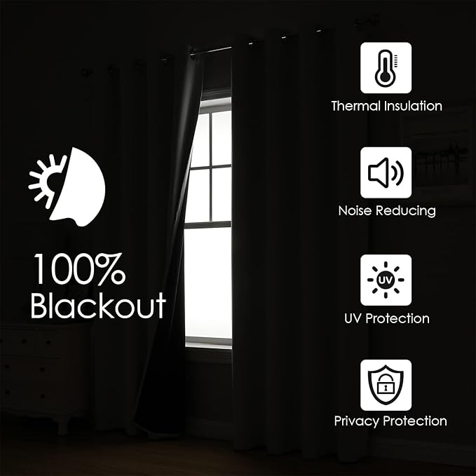 ChrisDowa 100% Blackout Curtains for Bedroom with Black Liner, 2 Thick Layers Total Blackout Thermal Insulated Grommet Window Curtains 2 Panels Set (Black, 52 x 84 Inch)