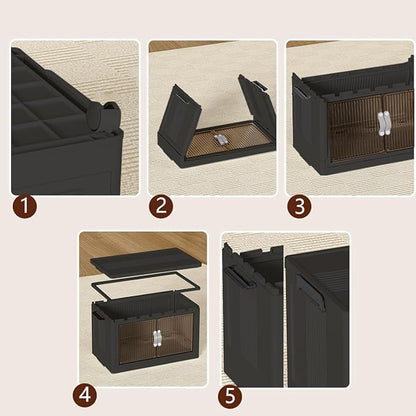Stackable Storage Bins, Collapsible Plastic Container Bins with Lid & Wheel, Closet Organizer Foldable Cabinet with Door, Folding Storage Boxes for Home, Pantry, Office (M, Gray 5-Tier)