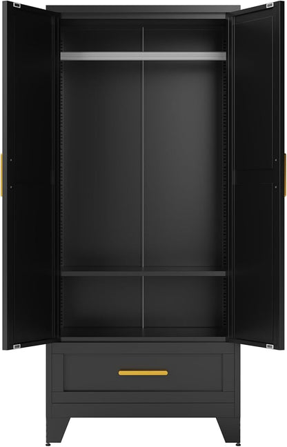COFaR 71 Farmhouse Metal Wardrobe Closet with Hanging Rod, 2 Barn Doors, Adjustable Shelves, Steel Armoire with Drawer for Home, Bedroom Black