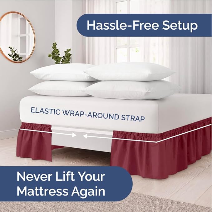 Wrap Around Dust Ruffle Bed Skirt - Burgundy - for Queen Size Beds with 12 Inch Drop - Elastic Strap - Adjustable Pleated Bedskirt with Brushed Fabric and Wrinkle Free - for Women, Men, Kids & Teens