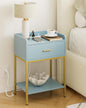 Masupu Nightstand with Charging Station,3-Tier Modern Bedside Night Stand with Storage Drawer and Shelf,Small End Side Table for Bedroom,Living Room,Gold and Blue