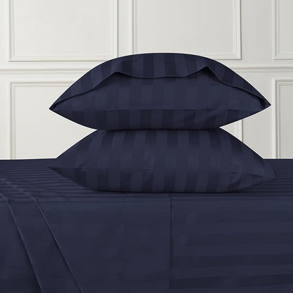 URBANHUT 800 Thread Count 100% Cotton Damask Twin Size Sheets, 4 Piece Striped Twin Size Bedsheets, Luxury Hotel Sheets Sateen Weave - Better Than Egyptian, 14" Elasticized Deep Pocket- Navy Blue