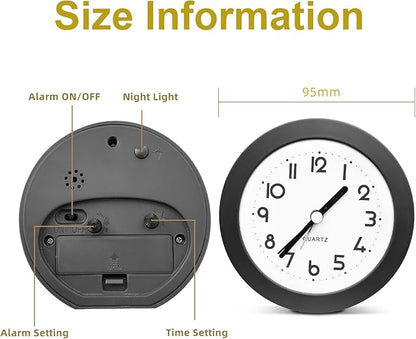 Alarm Clock with Backlight, 4 Inches Cute Analog Round Digital Quartz Clock, Non Ticking, Battery Operated,Simply Design for Living Room, Bedroom,Bedside, Desk Decorative (Black)