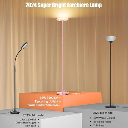 Pink Floor Lamp, 40W Super Bright Floor Lamps for Living Room Bedroom with Remote & Timer, Torchiere LED Floor Lamp 2700K-6500K Stepless Dimmable, Tall Standing Light Works with Smart Plug